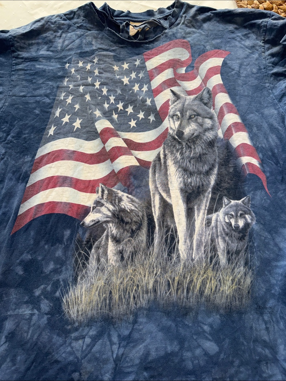 VTG The Mountain Wolf Flag Long Sleeve Shirt XL Distressed Y2K Patriotic Tie Dye